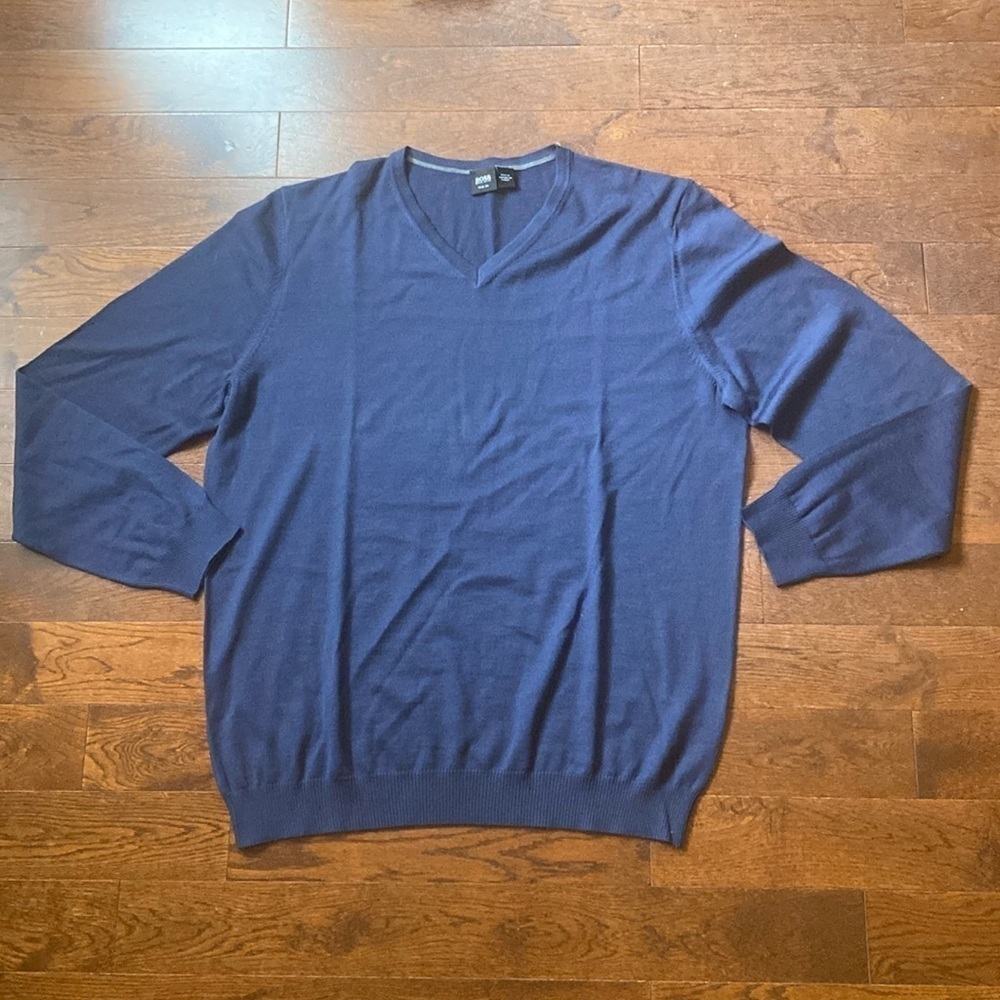 BOSS Hugo Boss 100% Virgin Wool V-Neck Sweater Size XXL Slim Fit Denim Blue